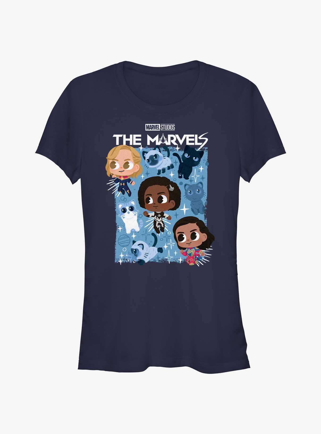 Marvel The Marvels Chibi Heroes Poster Girls T-Shirt, NAVY, hi-res