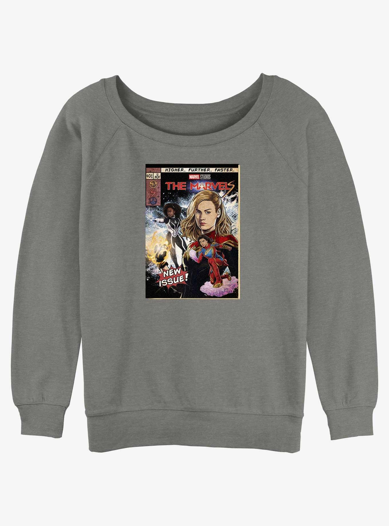 Marvel The Marvels Comic Book Cover Girls Slouchy Sweatshirt Hot Topic Web Exclusive, GRAY HTR, hi-res