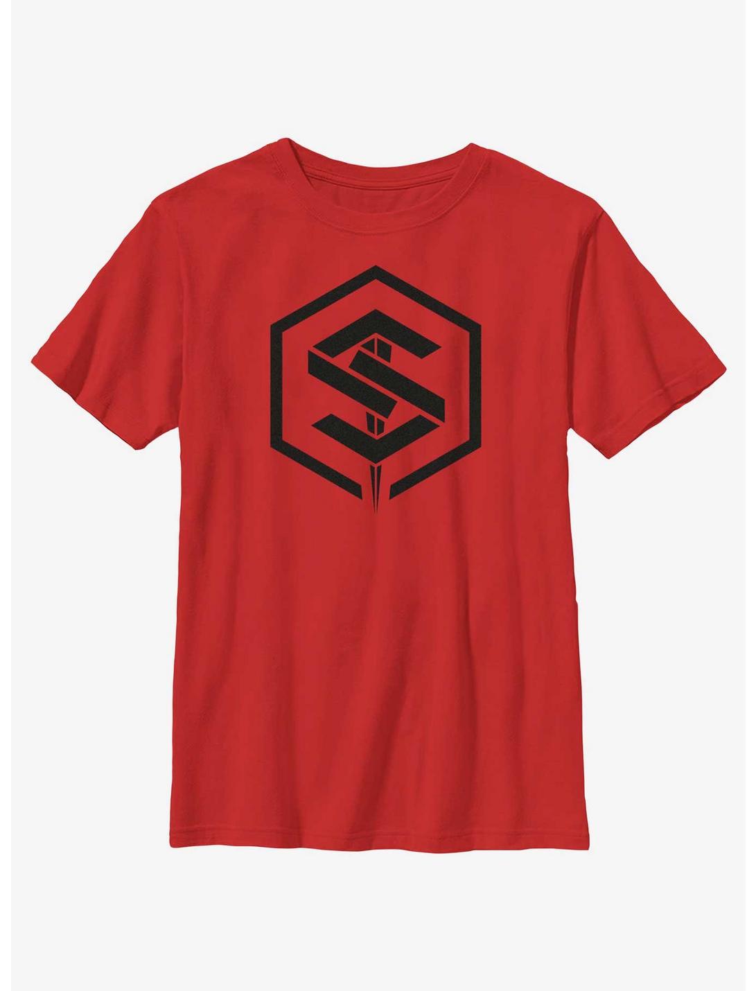 Marvel The Marvels Geometric Saber Logo Youth T-Shirt, RED, hi-res