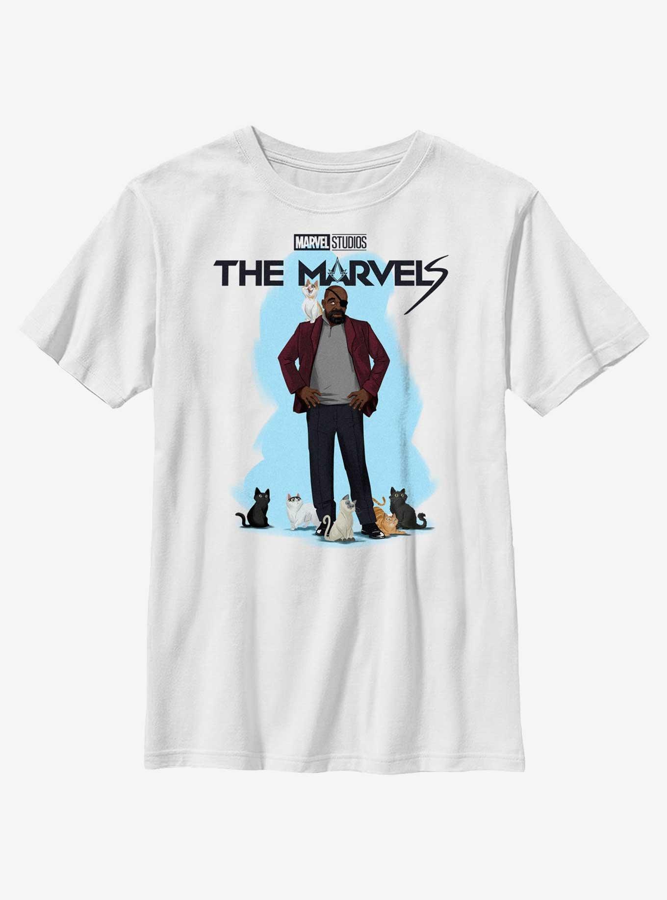 Marvel The Marvels Nick Fury Cat Attack Youth T-Shirt, WHITE, hi-res