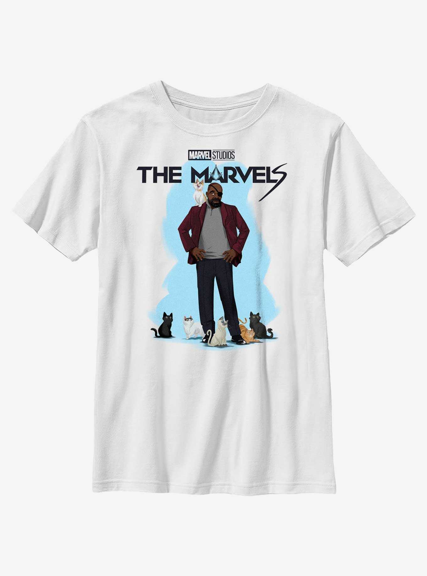 Marvel The Marvels Nick Fury Cat Attack Youth T-Shirt, , hi-res