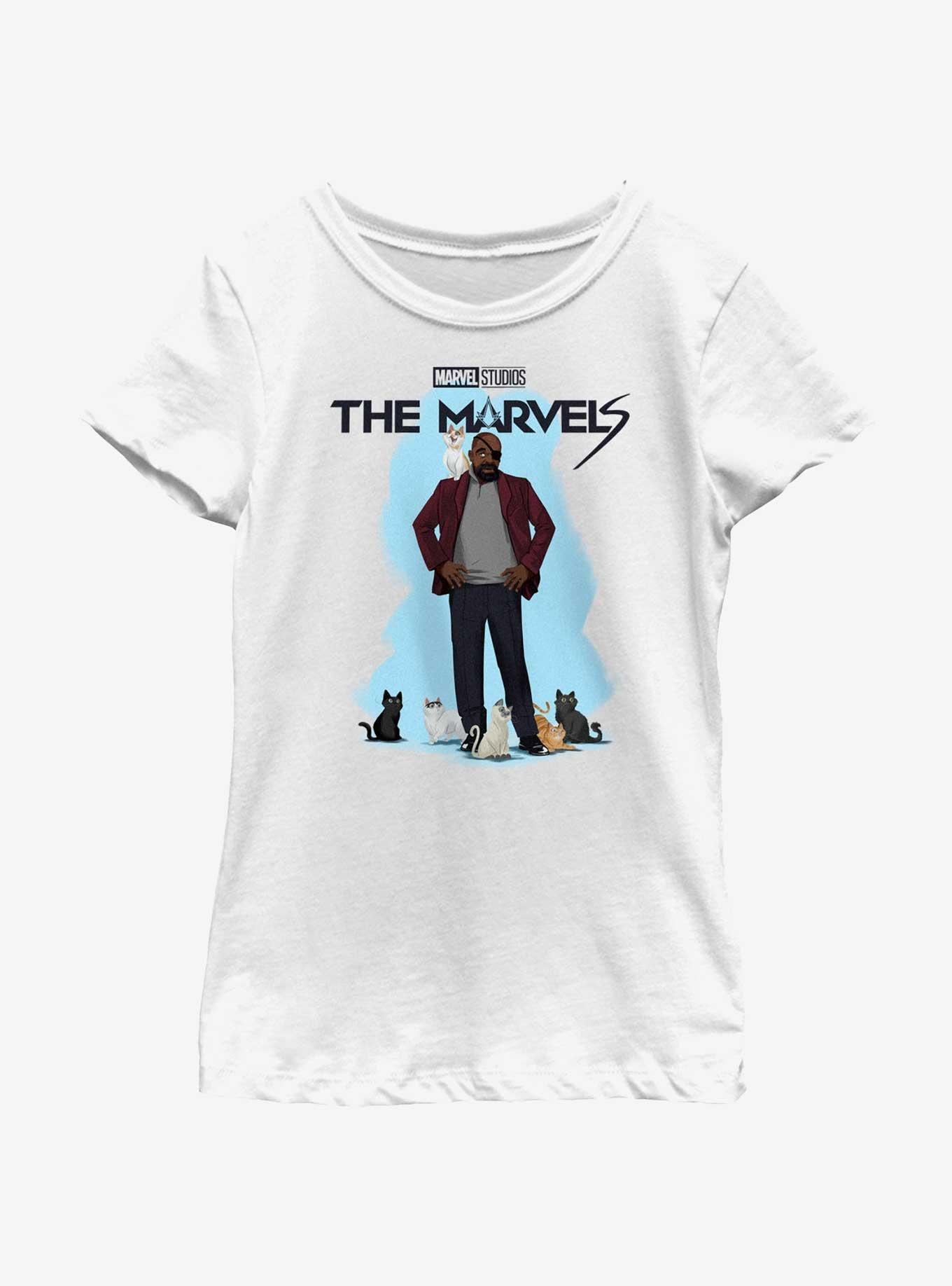 Marvel The Marvels Nick Fury Cat Attack Youth Girls T-Shirt, WHITE, hi-res