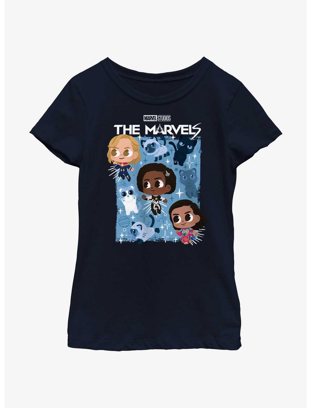Marvel The Marvels Chibi Heroes Poster Youth Girls T-Shirt, NAVY, hi-res