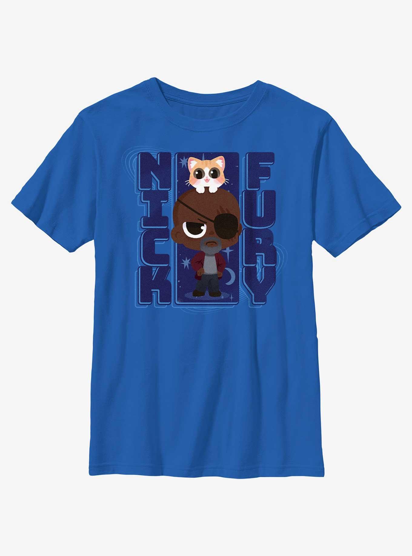 Marvel The Marvels Chibi Nick Fury Youth T-Shirt, ROYAL, hi-res