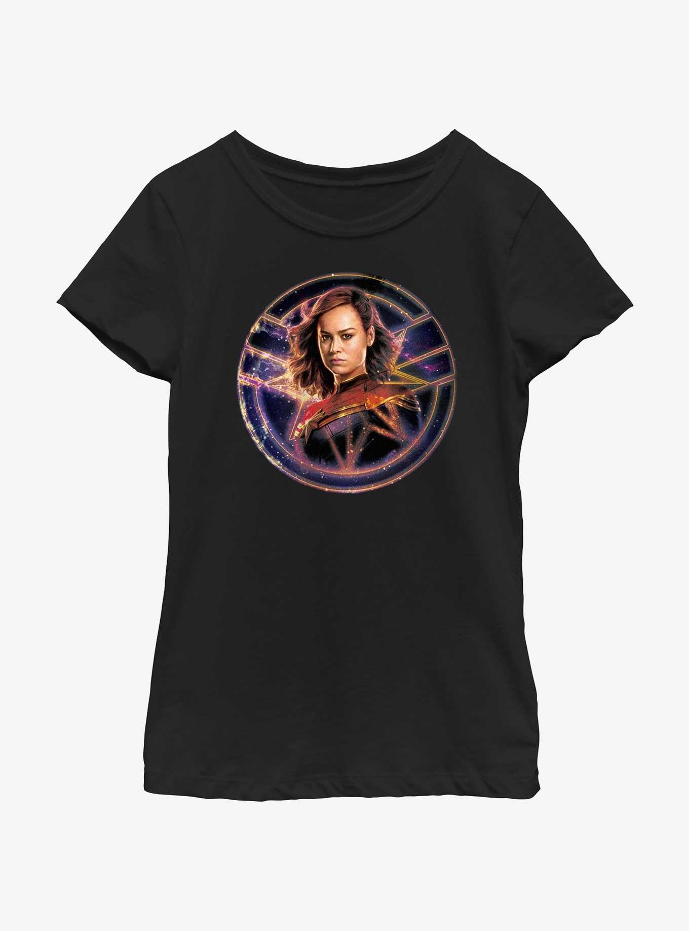 Marvel The Marvels Captain Marvel Galaxy Badge Youth Girls T-Shirt, BLACK, hi-res