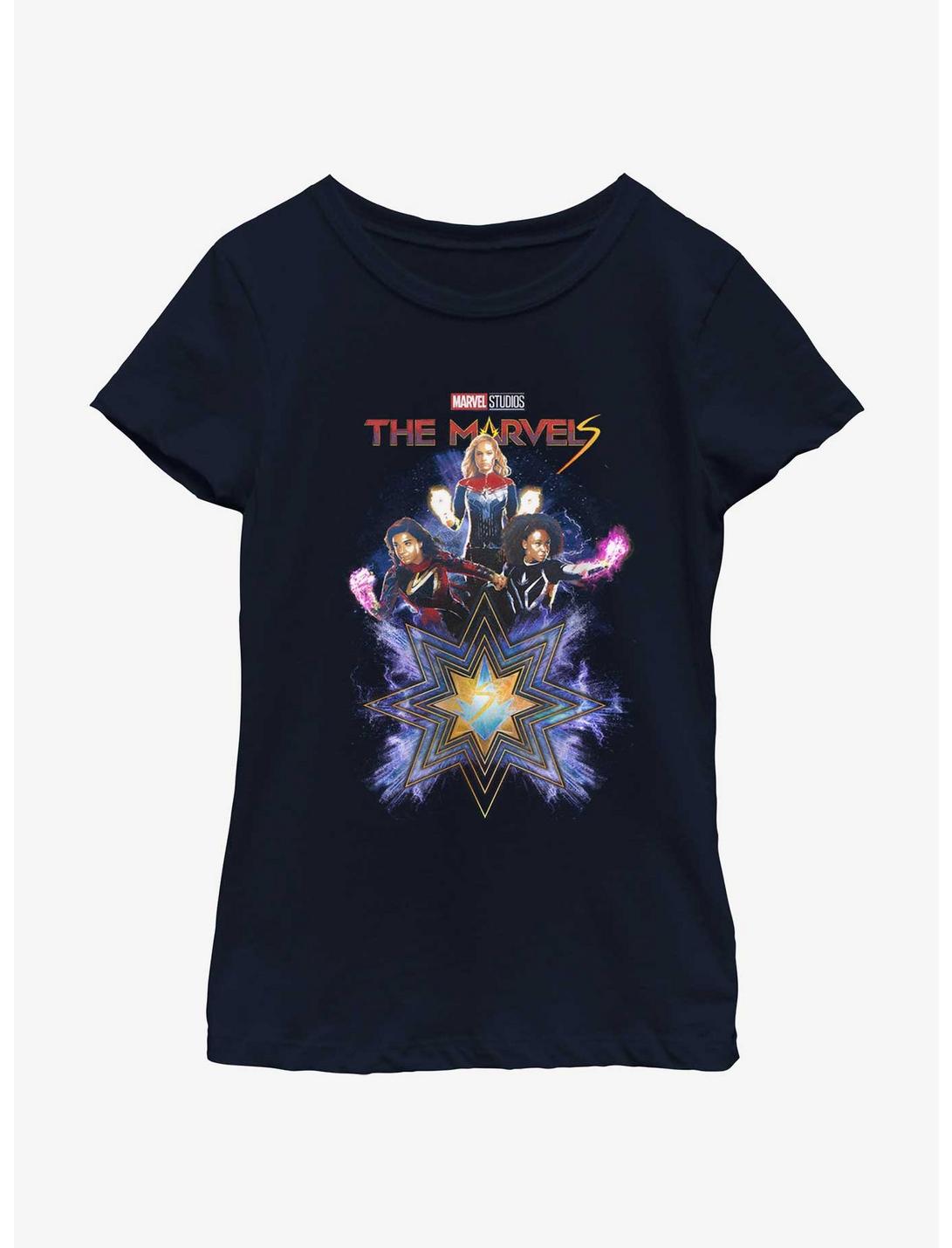 Marvel The Marvels Fabulous Marvels Youth Girls T-Shirt BoxLunch Web Exclusive, NAVY, hi-res