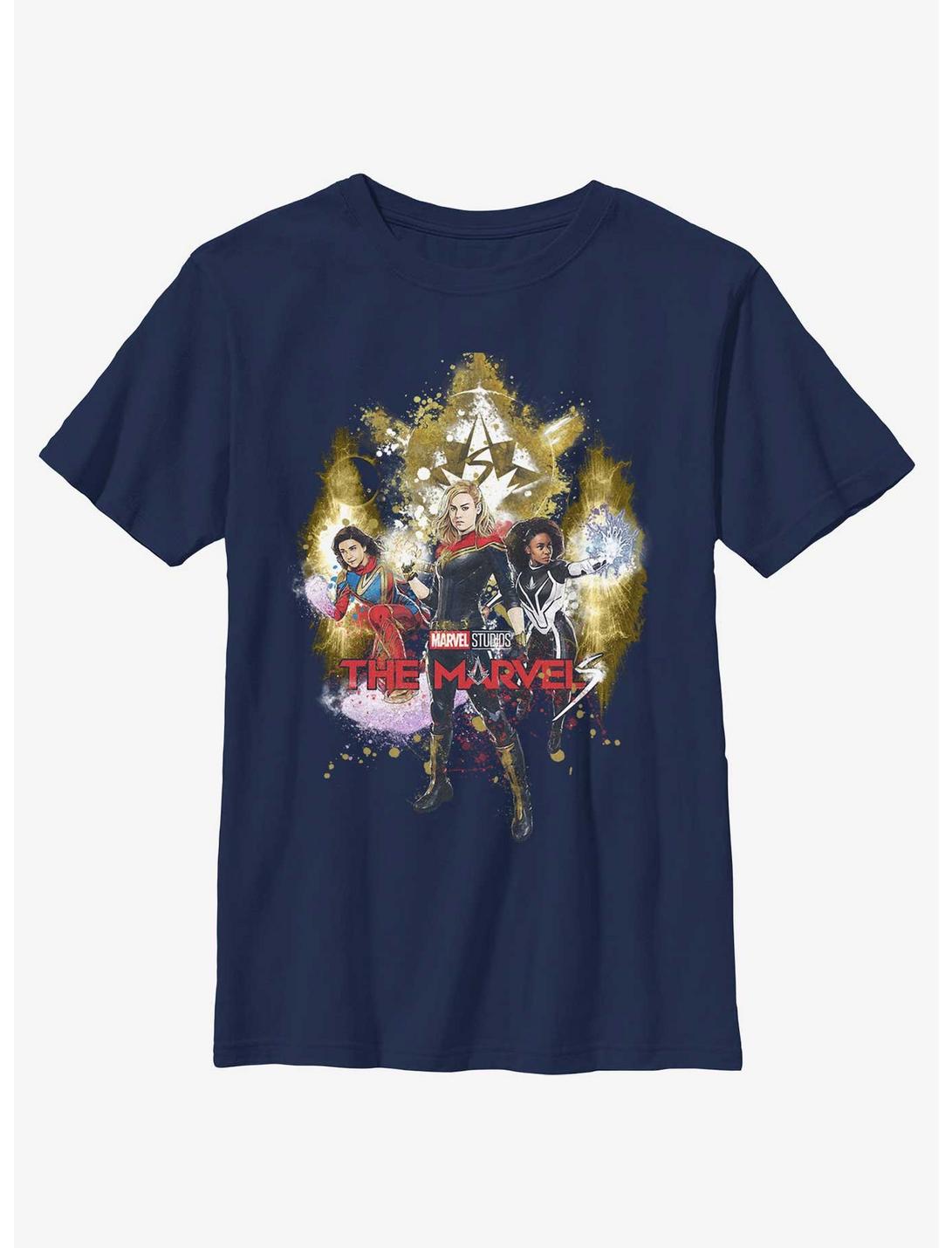 Marvel The Marvels Splatter Power Youth T-Shirt BoxLunch Web Exclusive, NAVY, hi-res