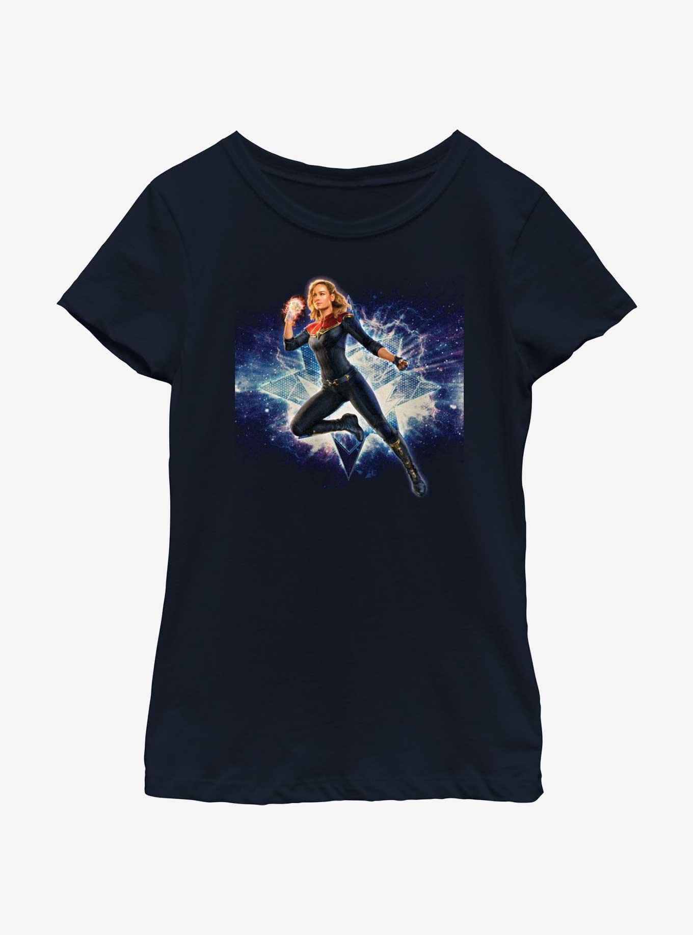 Marvel The Marvels Galactic Hero Captain Marvel Youth Girls T-Shirt, NAVY, hi-res