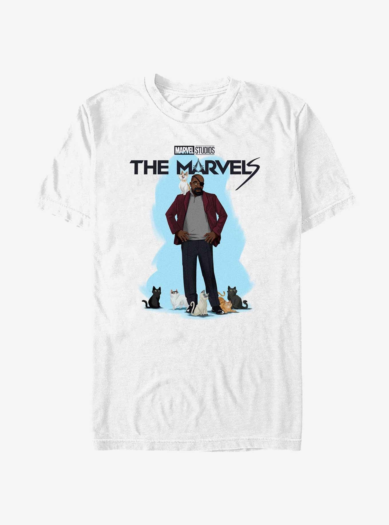 Marvel The Marvels Nick Fury Cat Attack T-Shirt, WHITE, hi-res