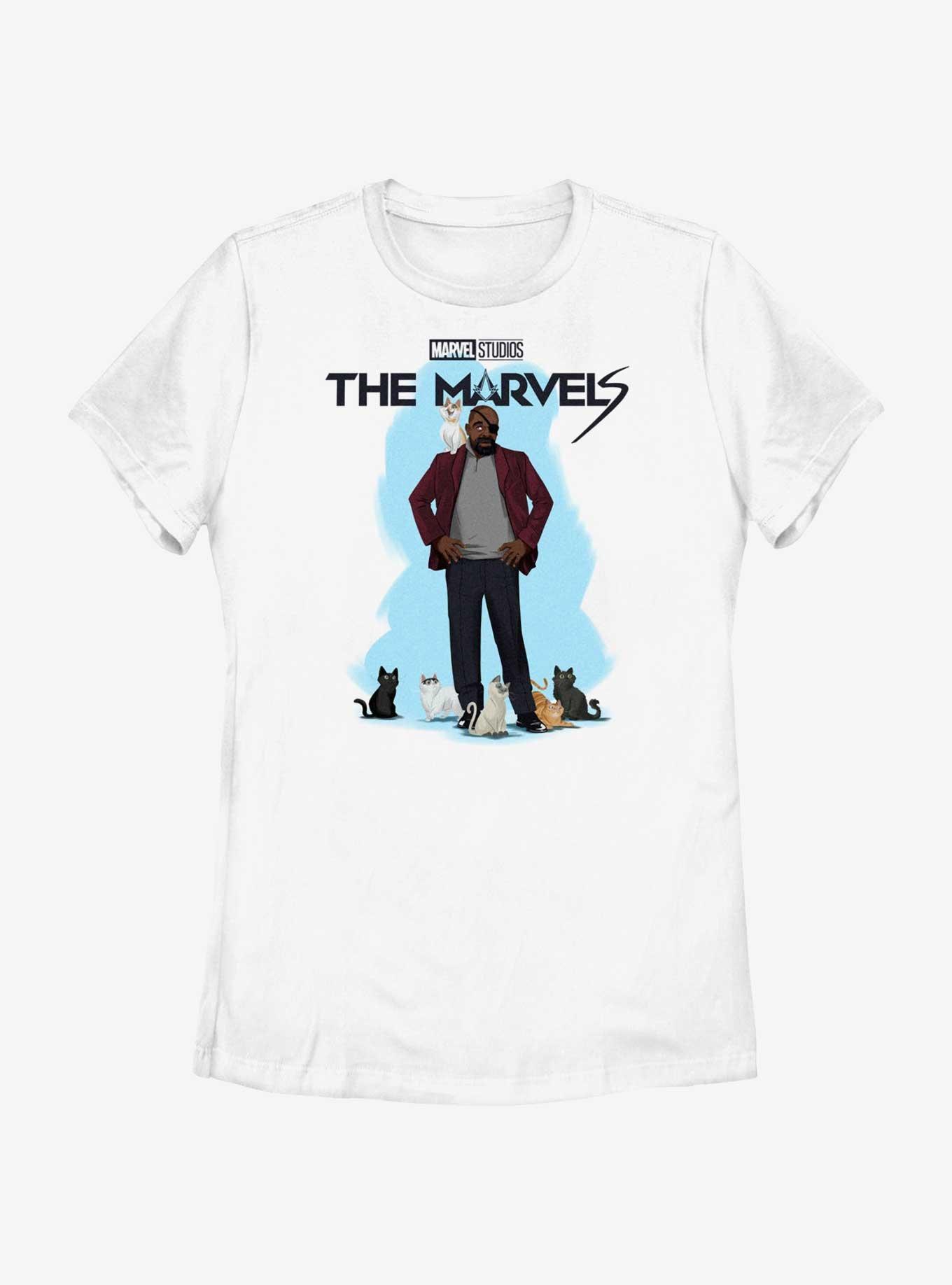 Marvel The Marvels Nick Fury Cat Attack Womens T-Shirt, WHITE, hi-res