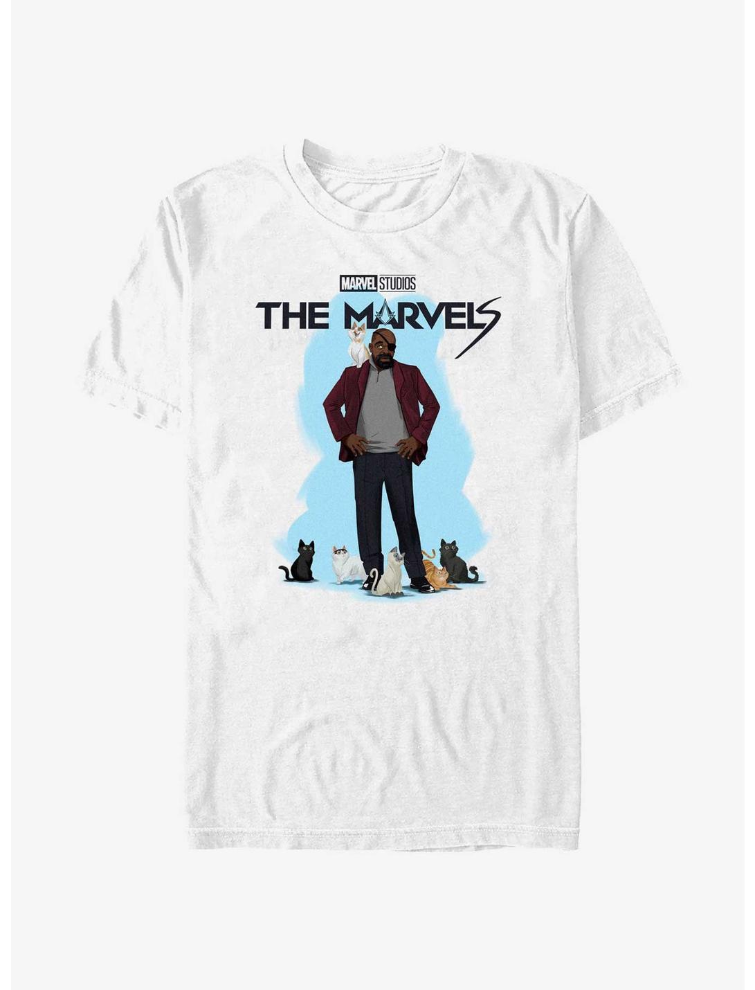 Marvel The Marvels Nick Fury Cat Attack T-Shirt, WHITE, hi-res