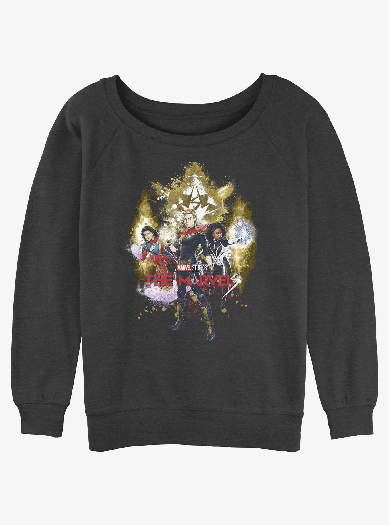 Marvel The Marvels Splatter Power Womens Slouchy Sweatshirt BoxLunch Web Exclusive, CHAR HTR, hi-res