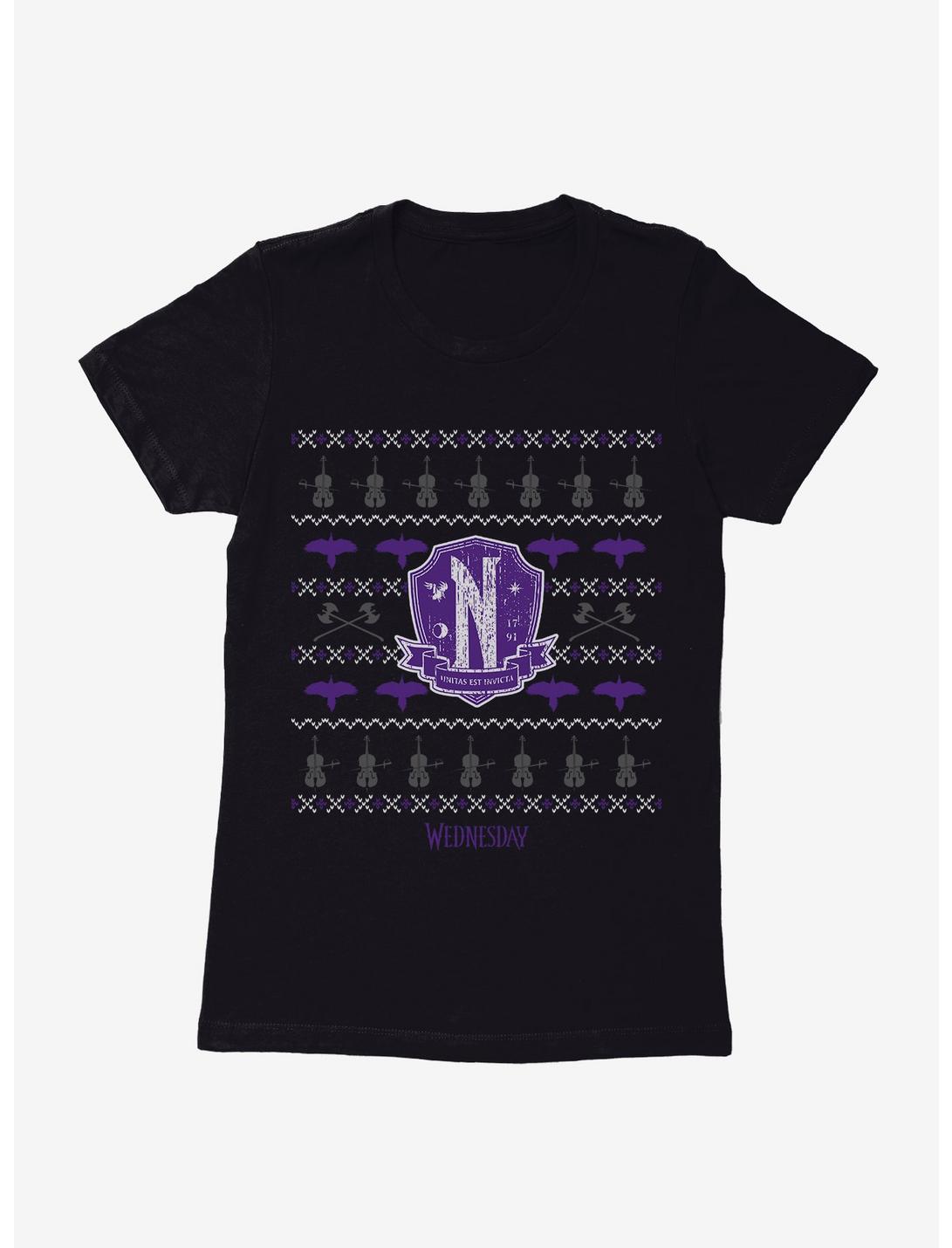 Wednesday Nevermore Christmas Sweater Pattern Womens T-Shirt, BLACK, hi-res