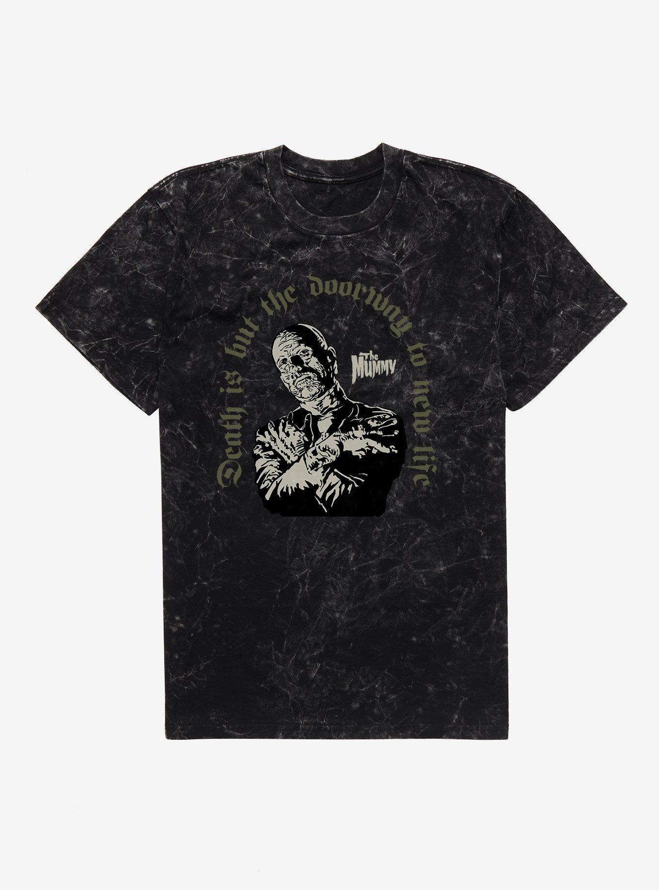 Universal Monsters The Mummy Death Is  A Doorway Mineral Wash T-Shirt, BLACK MINERAL WASH, hi-res