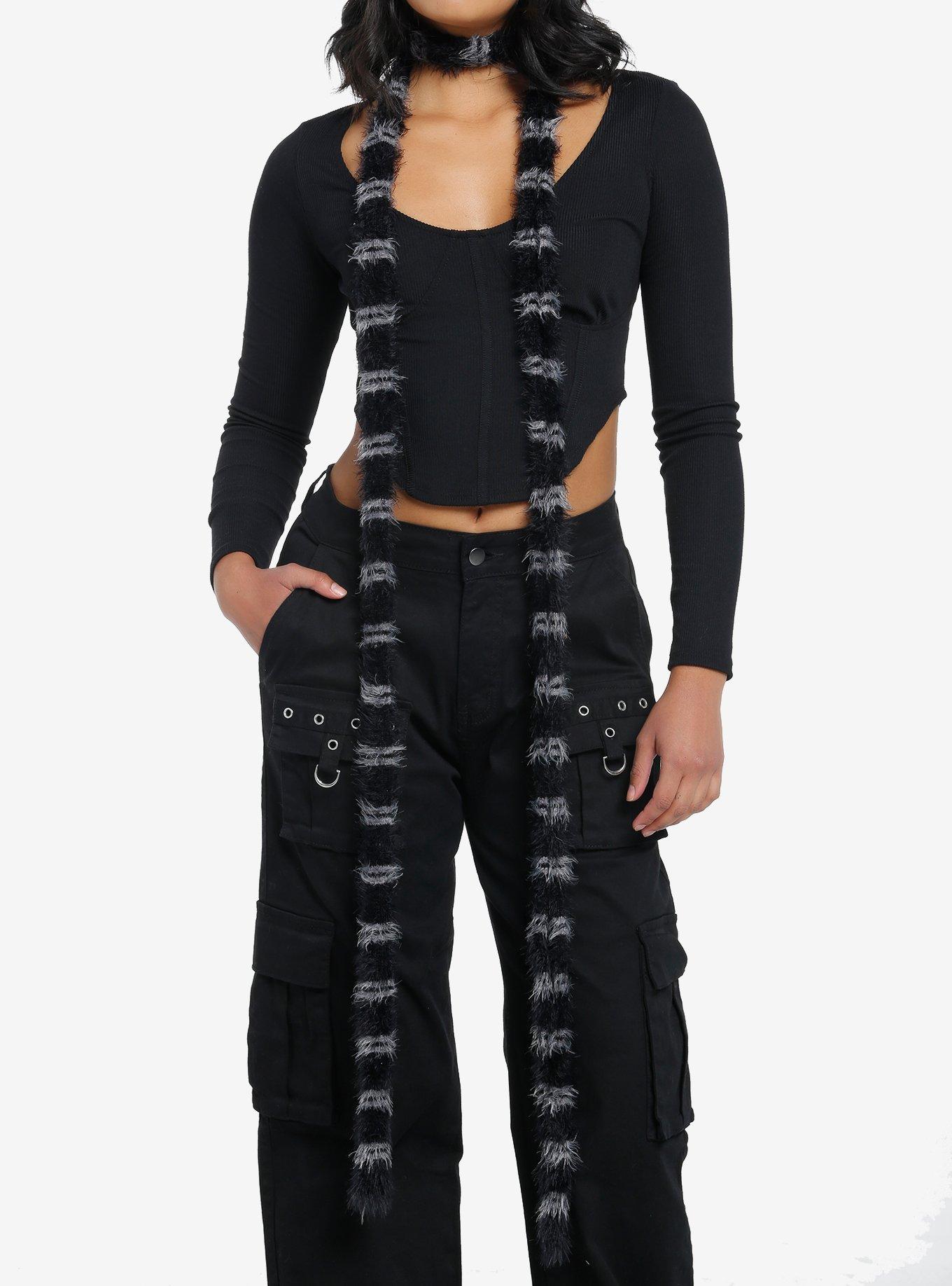 Black & Grey Stripe Fuzzy Skinny Scarf, , hi-res