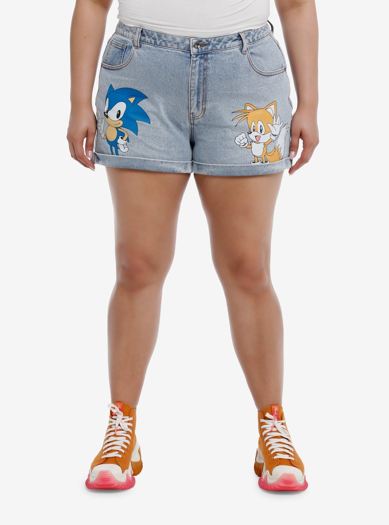 Sonic The Hedgehog Sonic & Tails Mom Shorts Plus Size, LIGHT WASH, hi-res