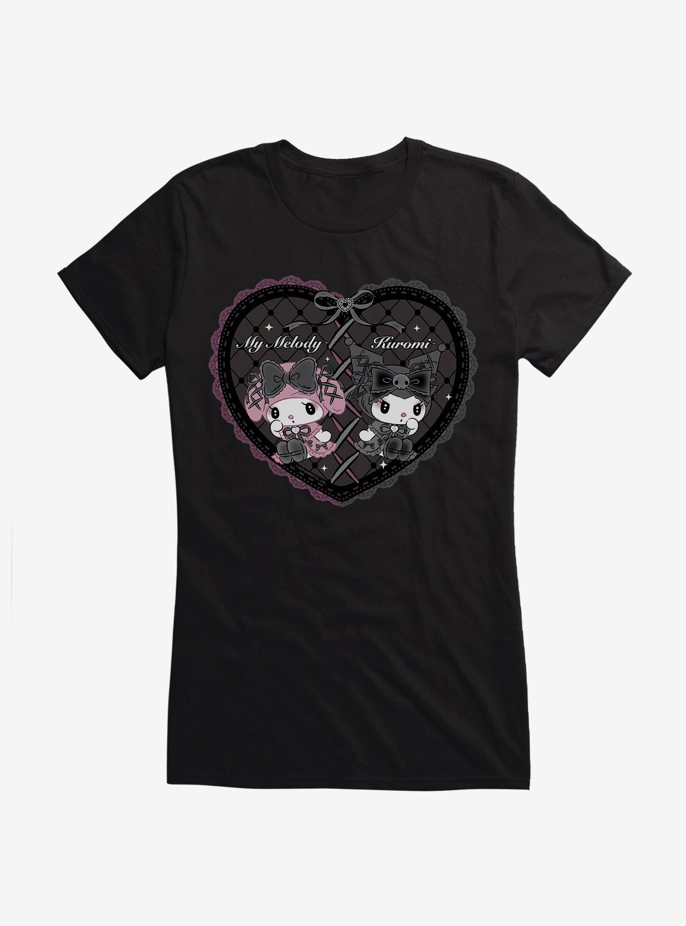 My Melody & Kuromi Black Lacey Heart Girls T-Shirt, , hi-res