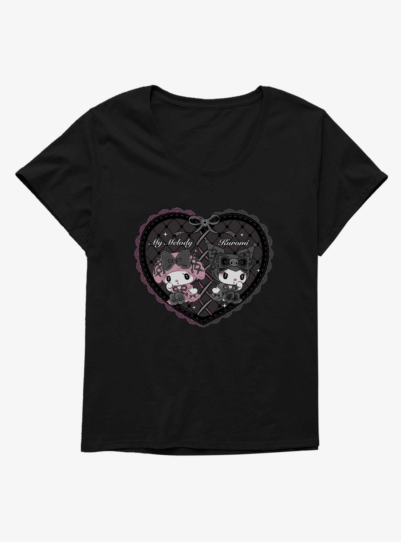 My Melody & Kuromi Black Lacey Heart Girls T-Shirt Plus Size, , hi-res