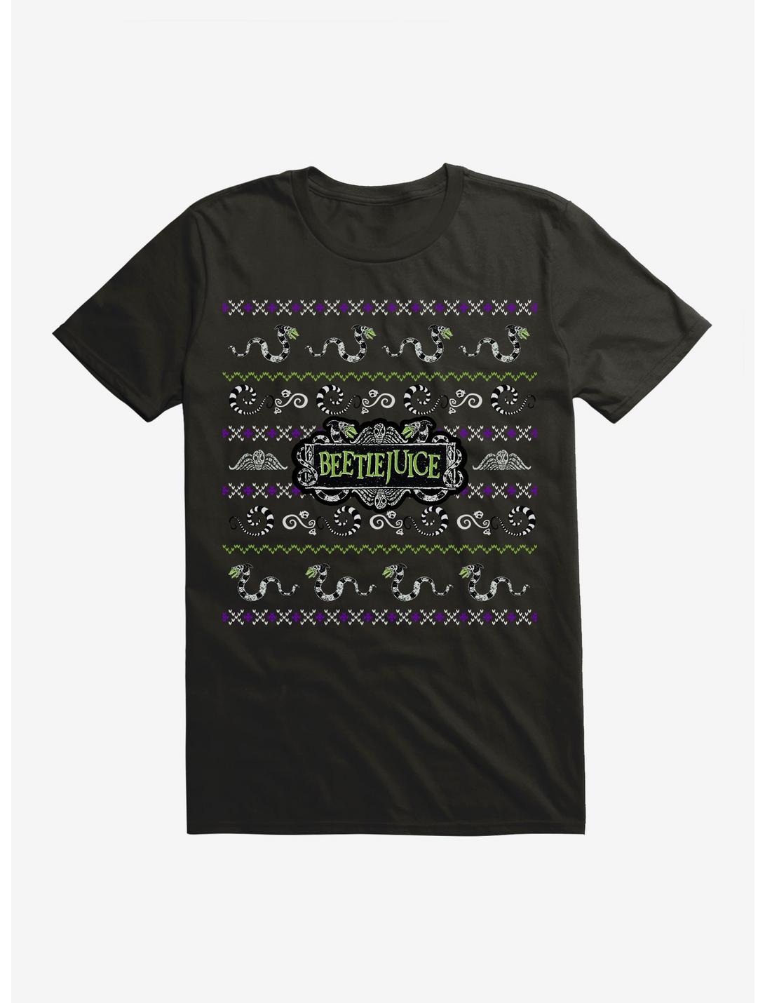 Beetlejuice Ugly Christmas Sweater Pattern T-Shirt, BLACK, hi-res
