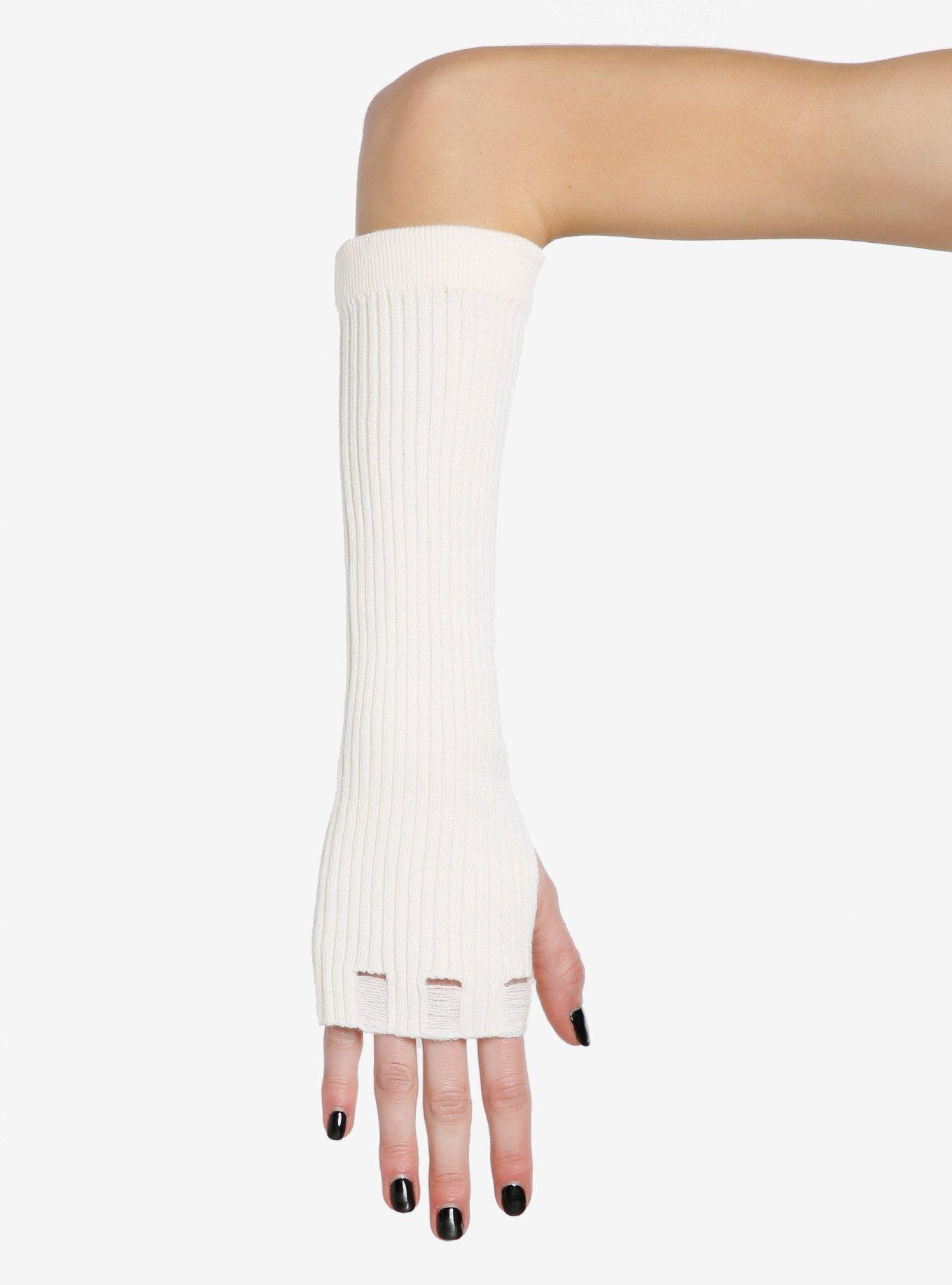 Cream Distressed Ribbed Arm Warmers, , hi-res