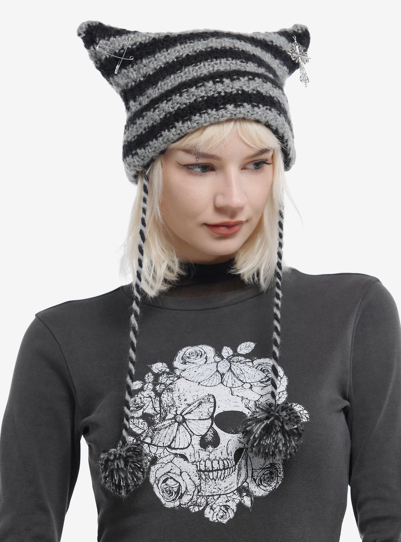 Grey & Black Stripe Safety Pin Ear Tassel Beanie, , hi-res