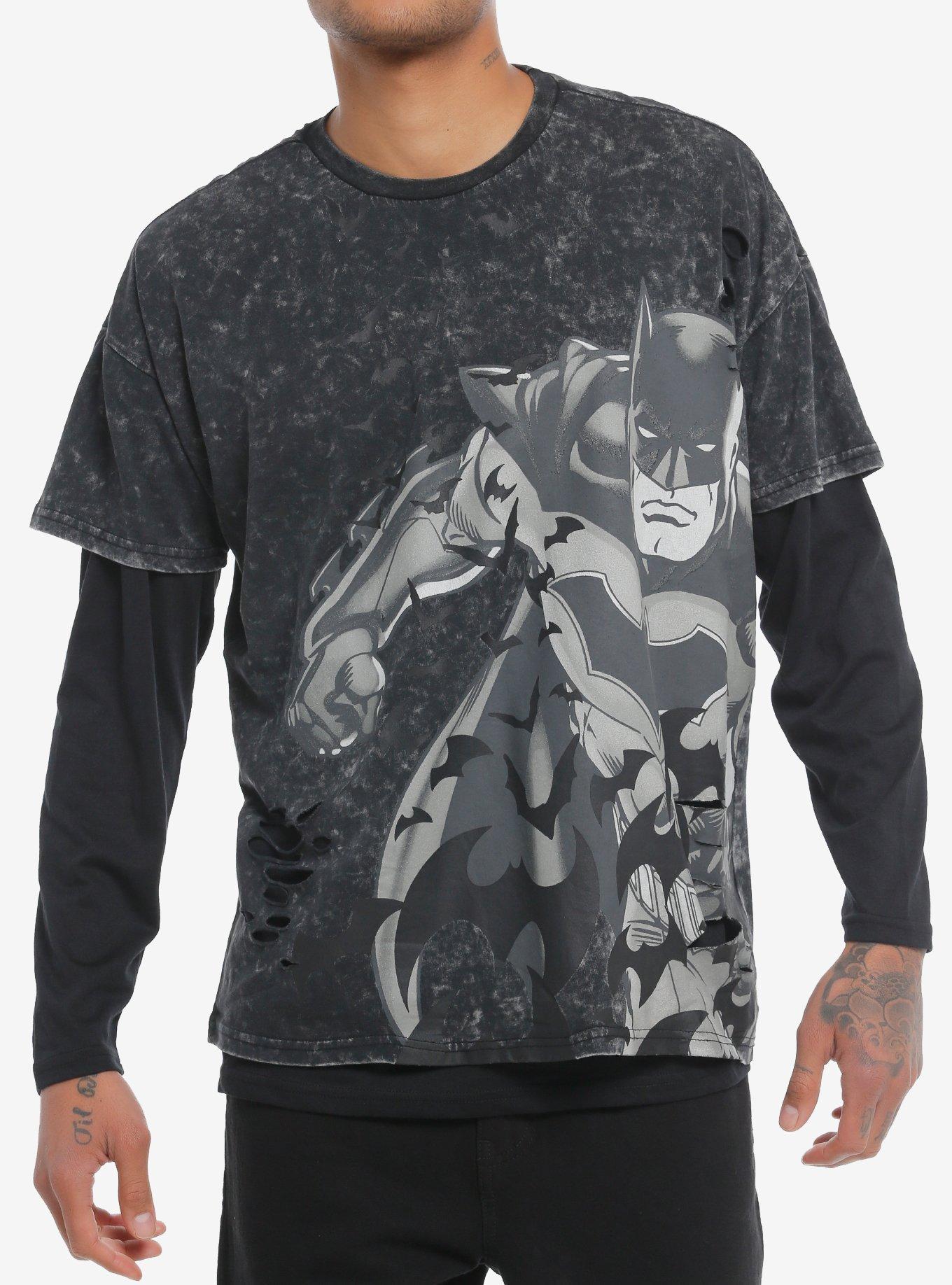 DC Comics Batman Bats Grey Wash Long-Sleeve Twofer, BLACK, hi-res