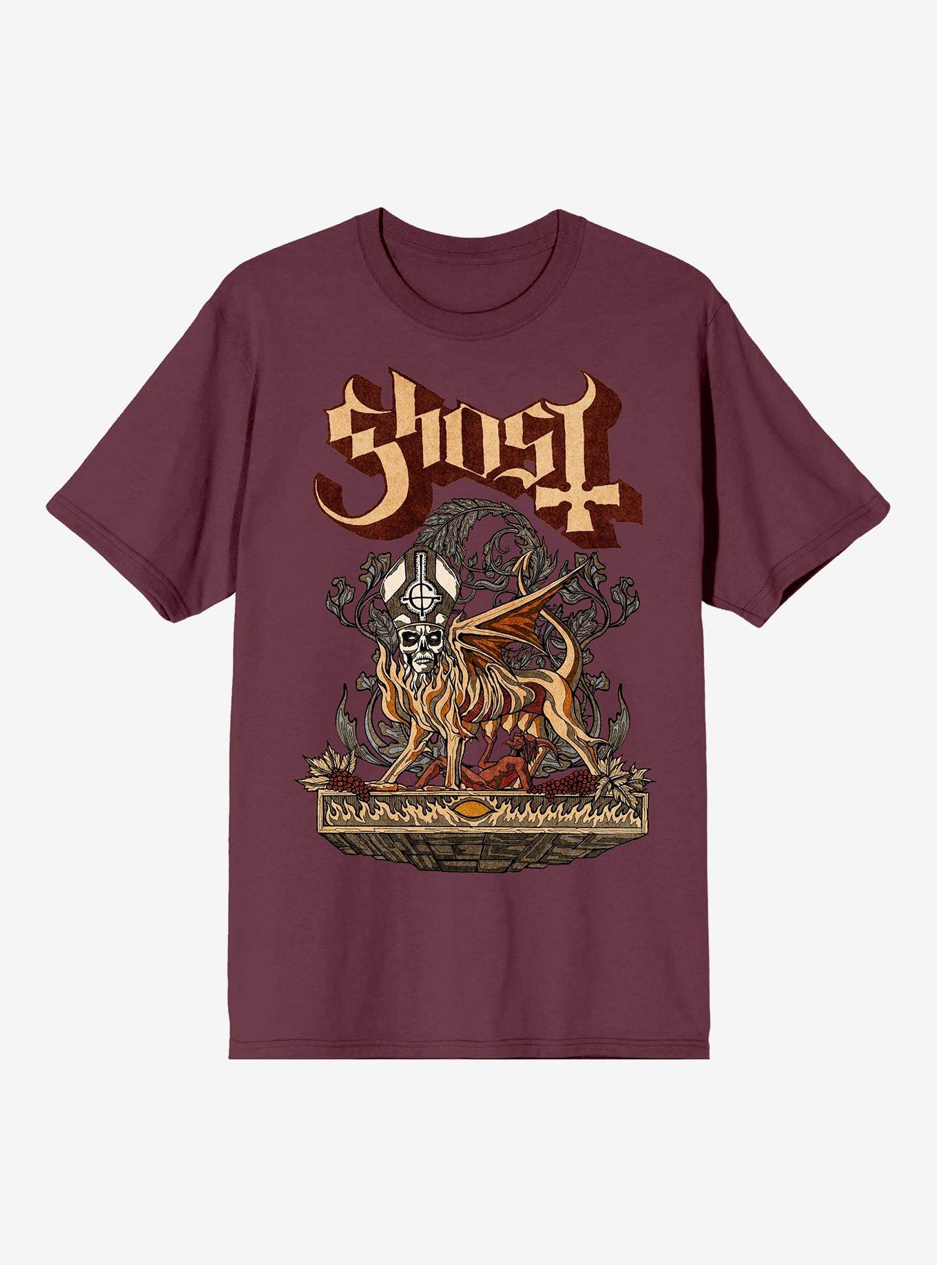 Ghost Papa Emeritus Demon Flames Boyfriend Fit Girls T-Shirt, BURGUNDY, hi-res