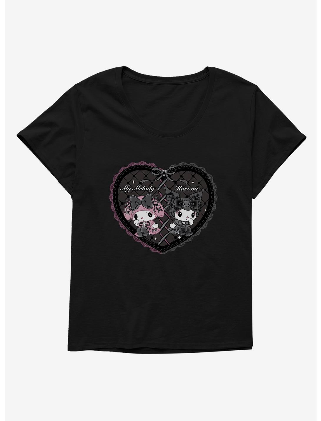 My Melody & Kuromi Black Lacey Heart Womens T-Shirt Plus Size, BLACK, hi-res