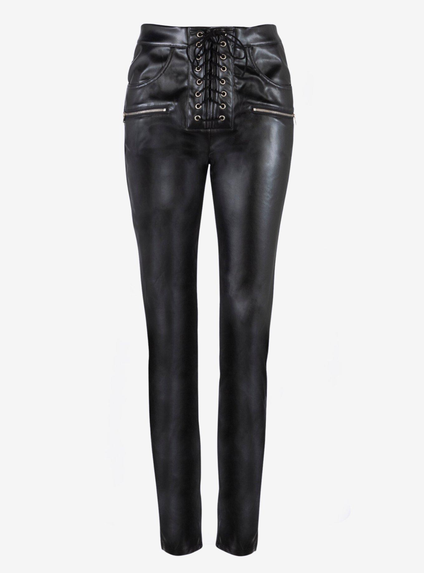 Black Faux Leather Skinny Fit Girls Lace Up Pants, BLACK, hi-res