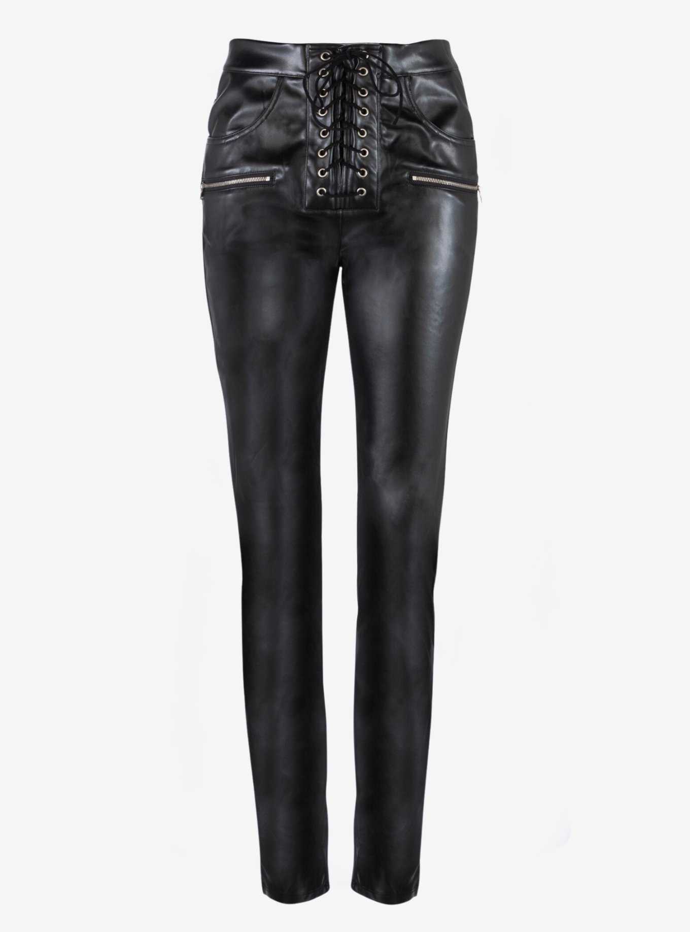 Black Faux Leather Skinny Fit Girls Lace Up Pants, , hi-res