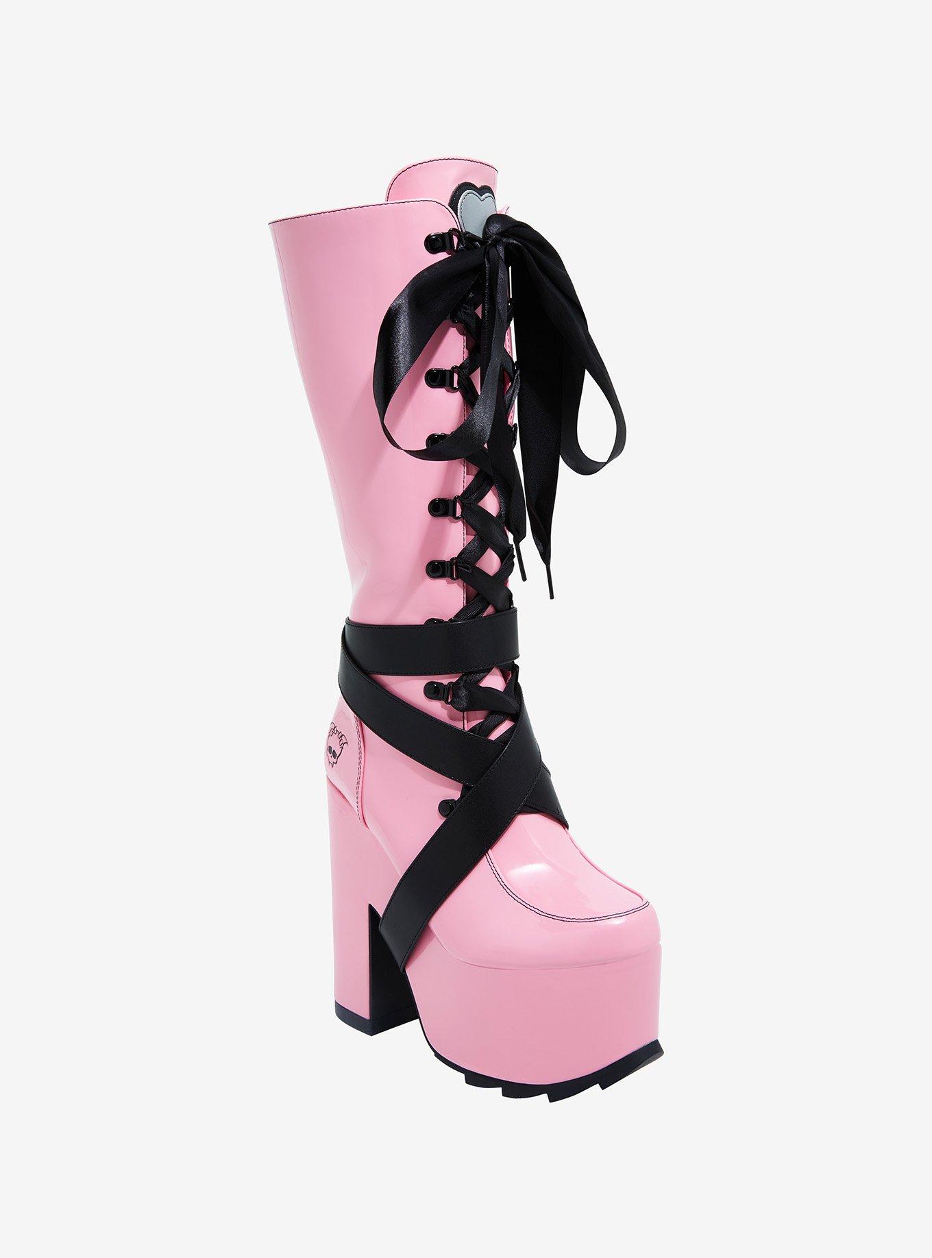 Goth Platform Ankle Boots with Pink Ghost & Laces