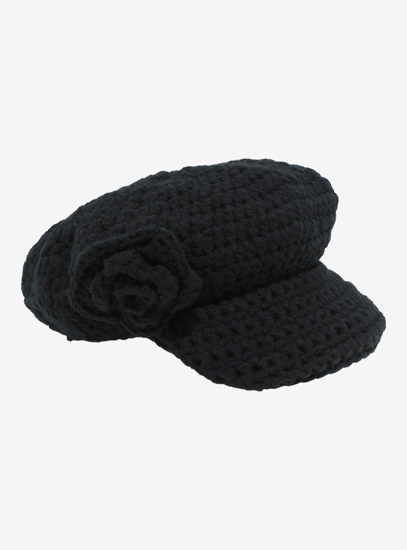 Black Rose Crochet Cabbie Hat, , hi-res