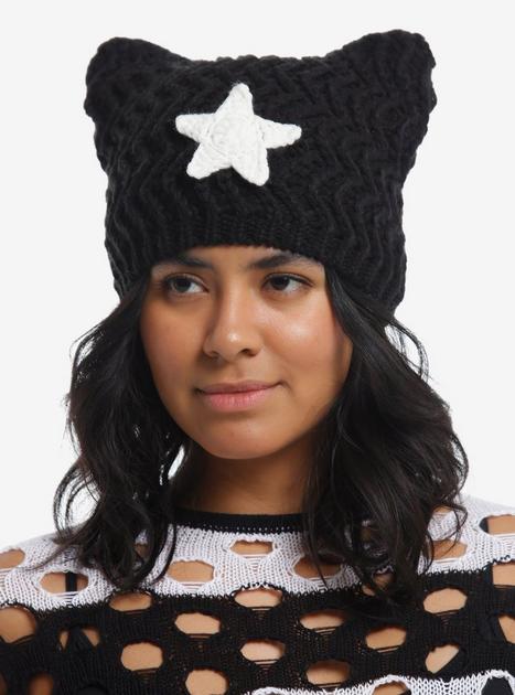 Black & White Star Ear Beanie | Hot Topic