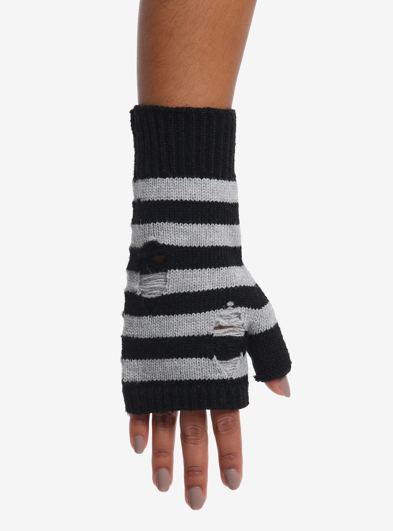 Black & Grey Stripe Distressed Fingerless Gloves