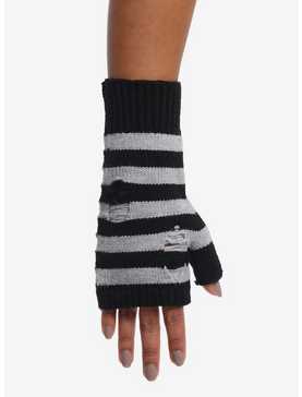 Black & Grey Stripe Distressed Fingerless Gloves, , hi-res