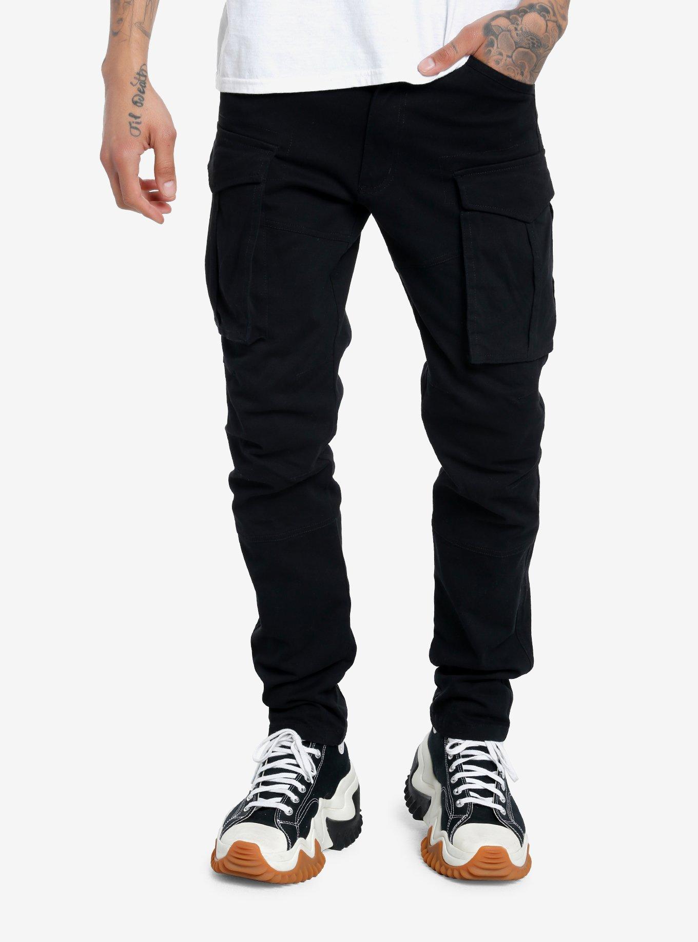 Black Fitted Cargo Pants, BLACK, hi-res