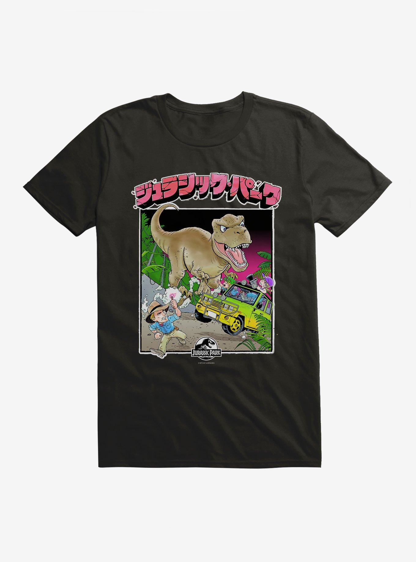 Jurassic Park T-Rex Attack Anime T-Shirt, BLACK, hi-res