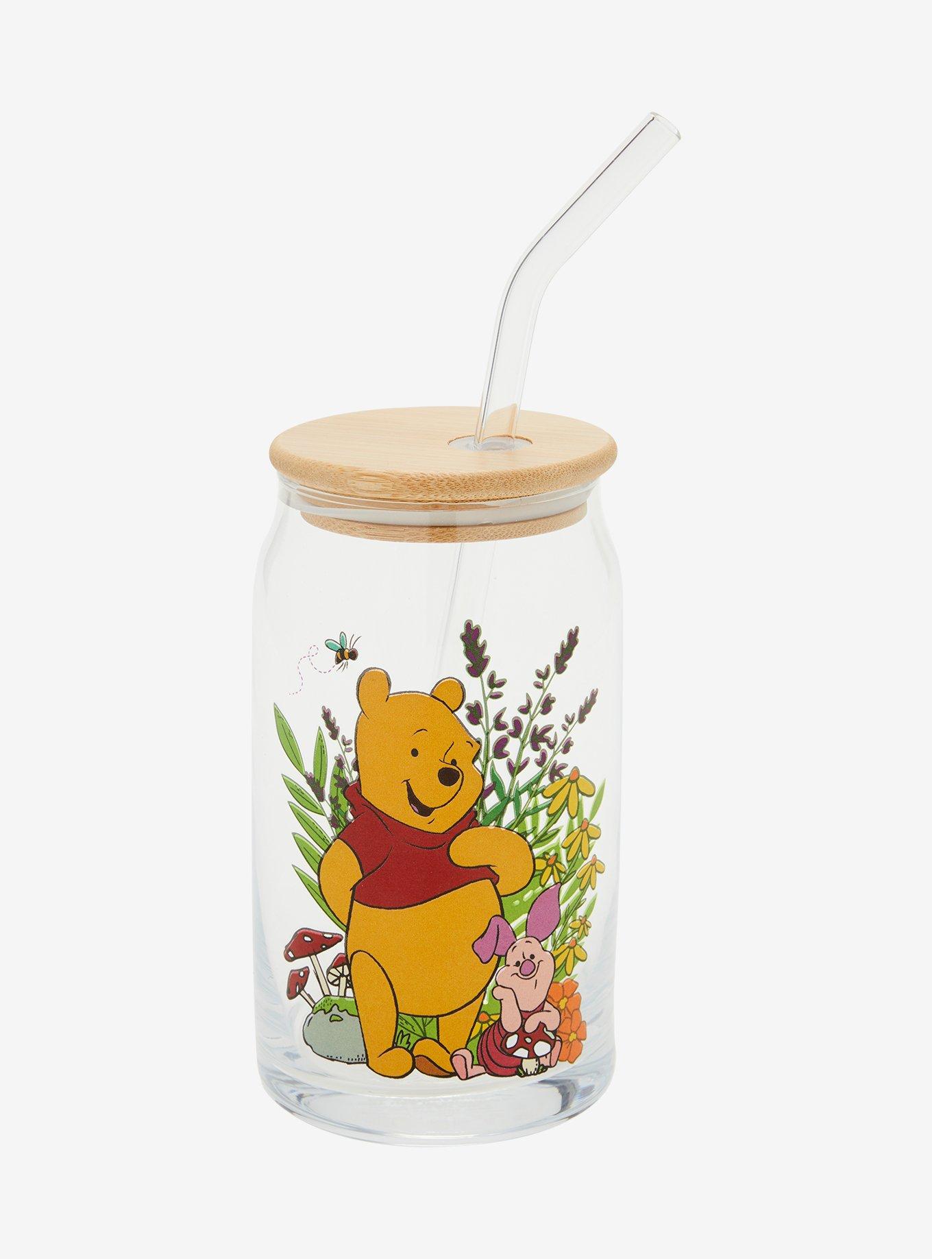 Disney Winnie the Pooh Floral Glass Cup with Straw