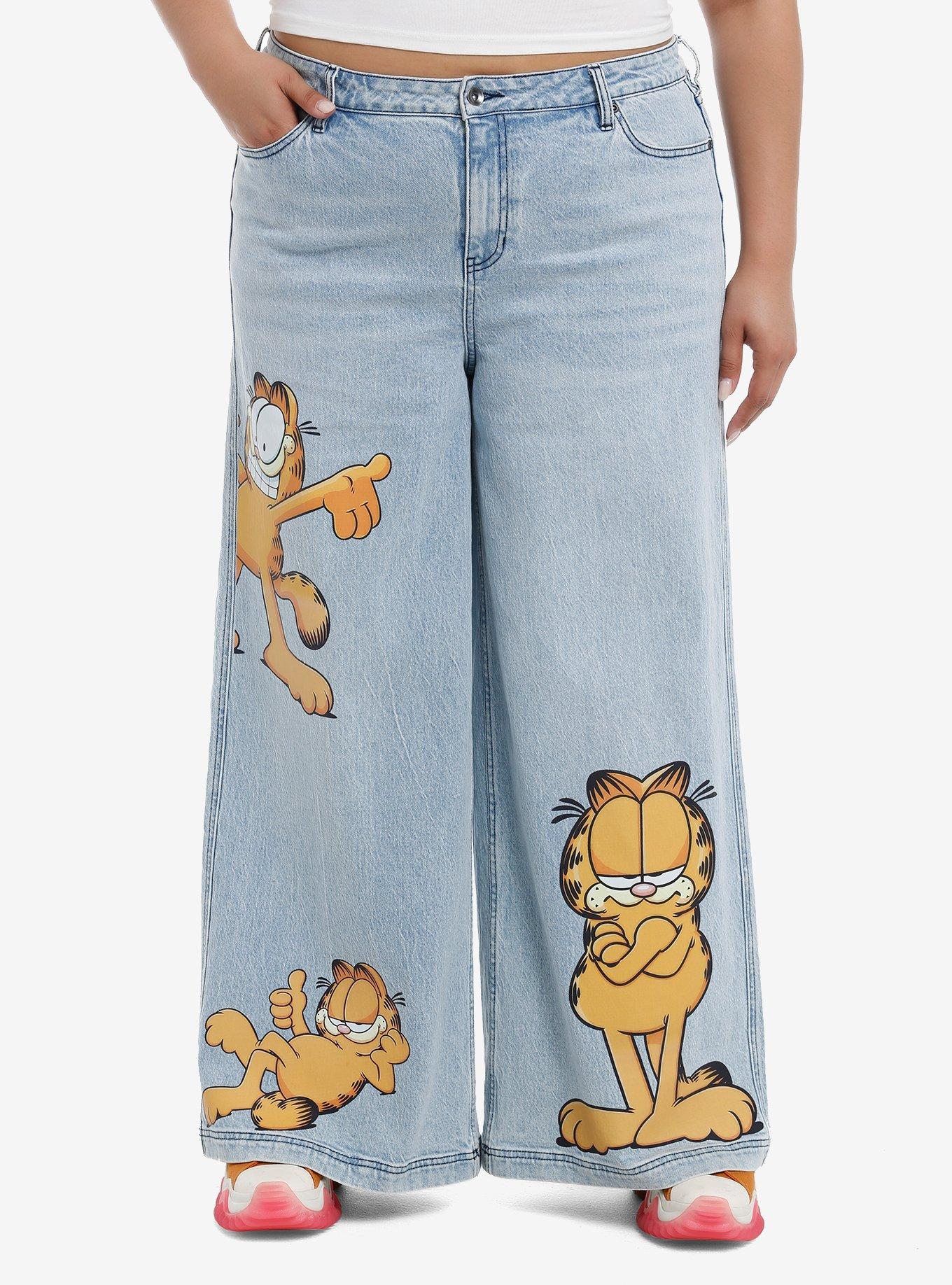 Garfield Poses Wide Leg Denim Pants Plus Size, ORANGE, hi-res