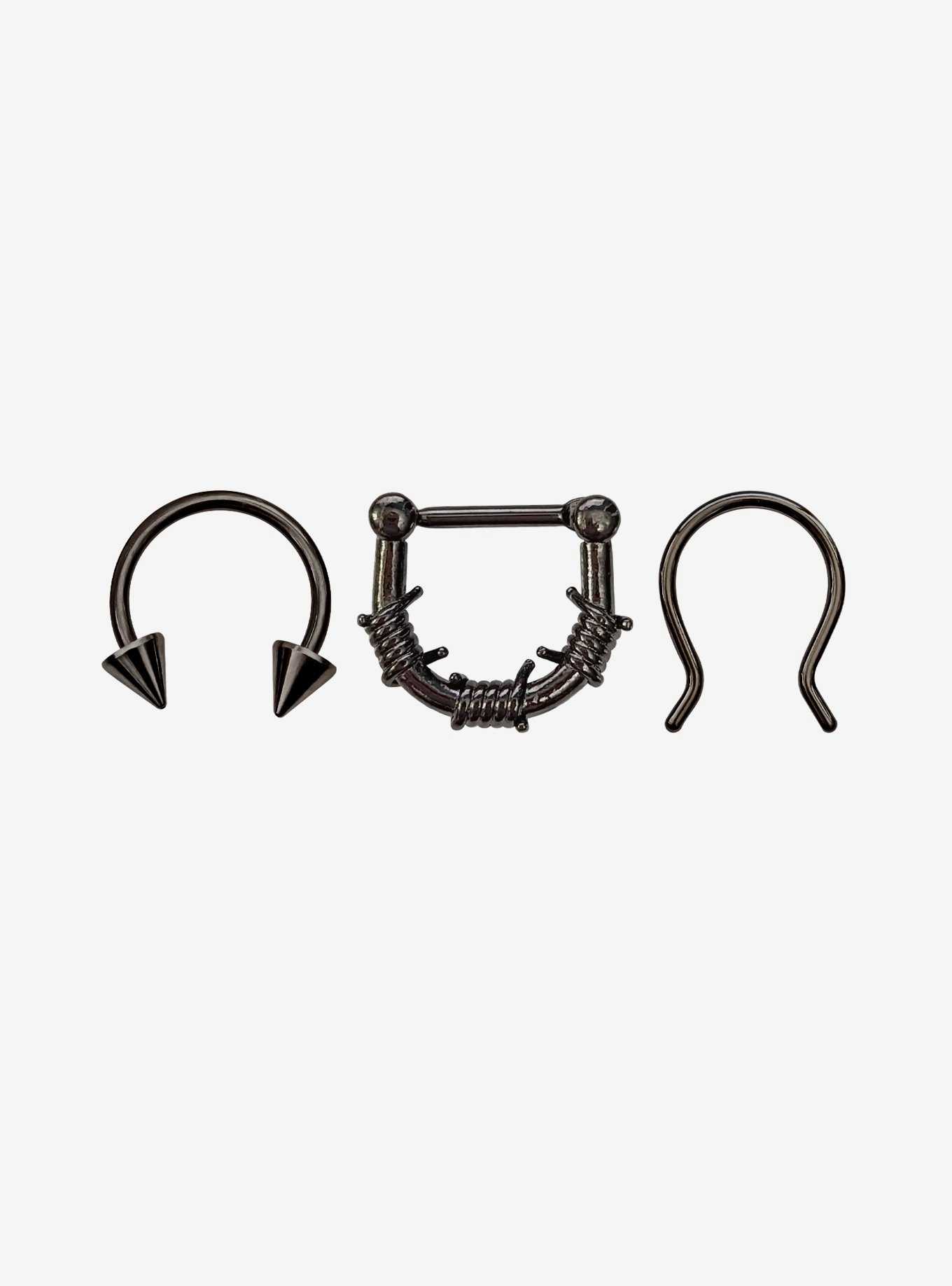 Steel Spike Barbed Wire Septum Clicker & Barbell 3 Pack, , hi-res