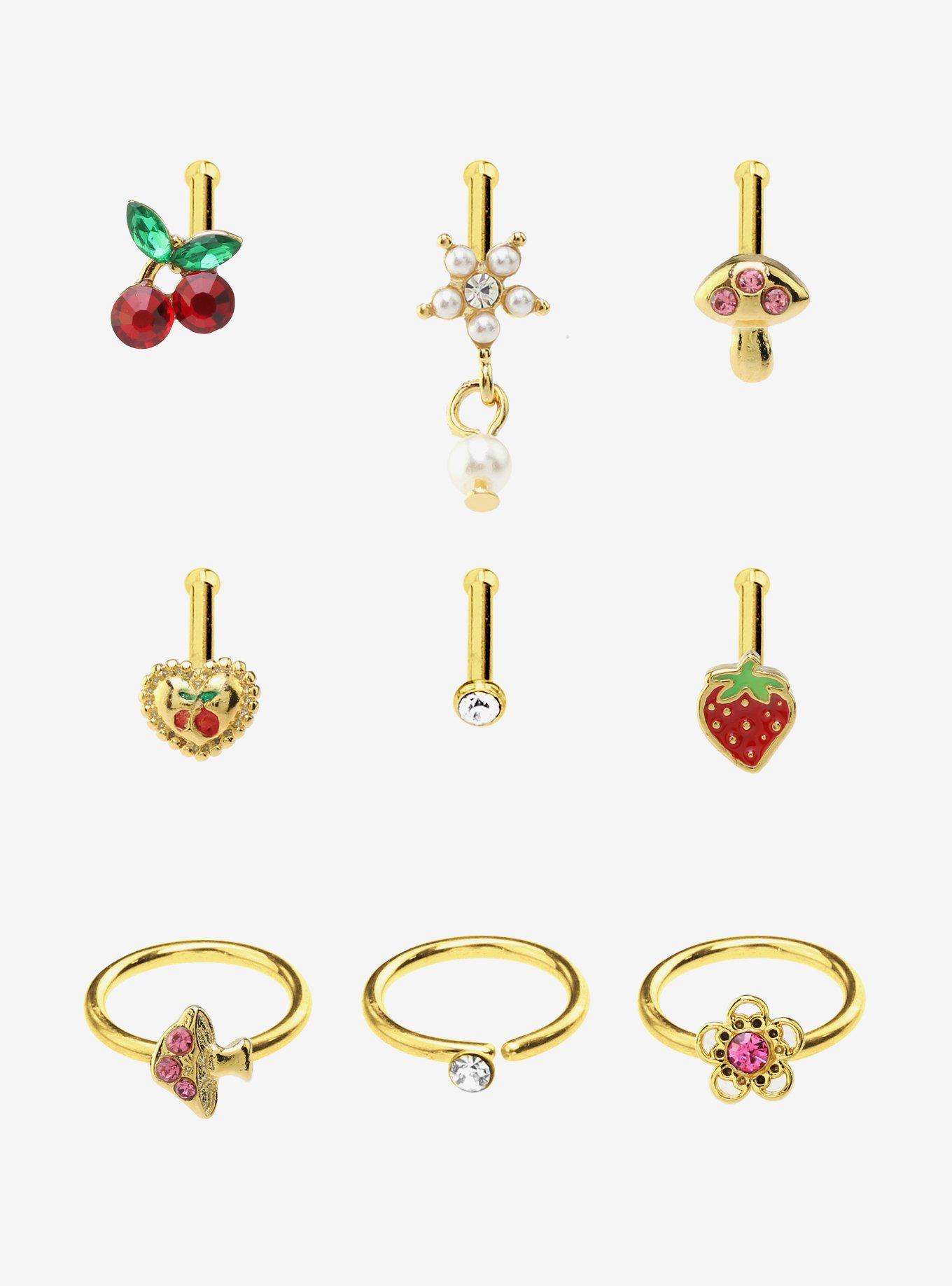 Steel Mushroom Cherry Strawberry Nose Stud & Hoop 9 Pack, , hi-res