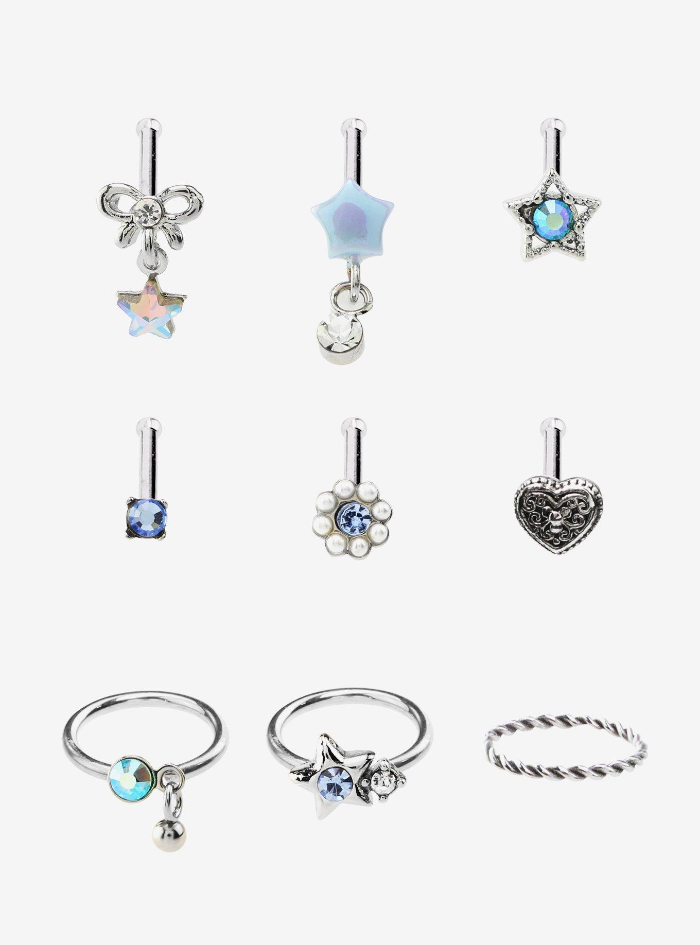 Steel Star Heart Bow Nose Stud & Hoop 9 Pack, , hi-res