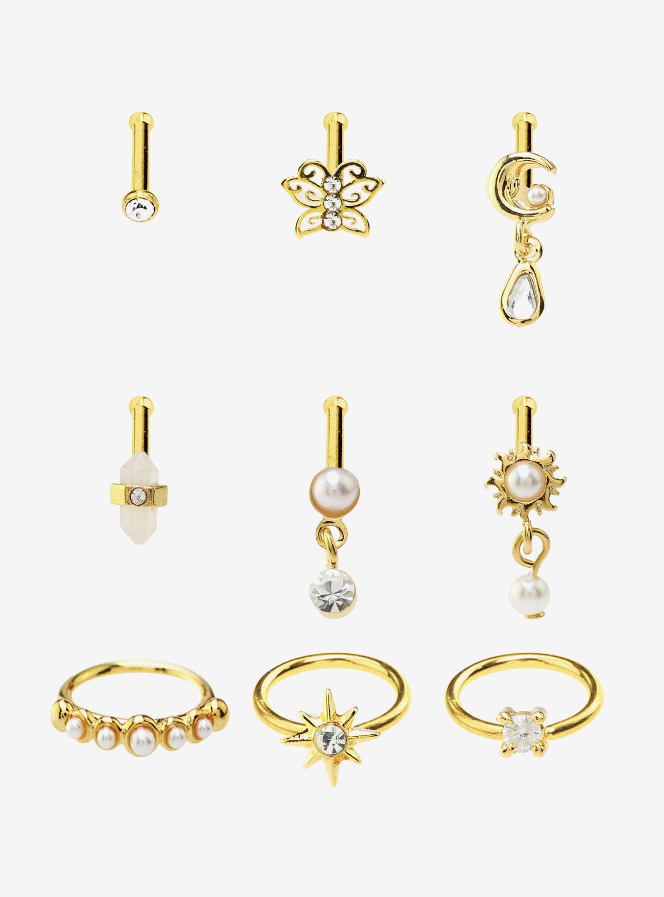 Steel Celestial Pearl Nose Stud & Hoop 9 Pack, , hi-res