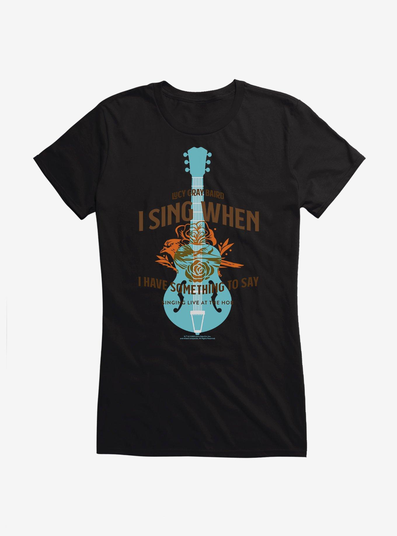 Hunger Games: The Ballad Of Songbirds And Snakes Lucy Gray Baird Guitar Girls T-Shirt, BLACK, hi-res