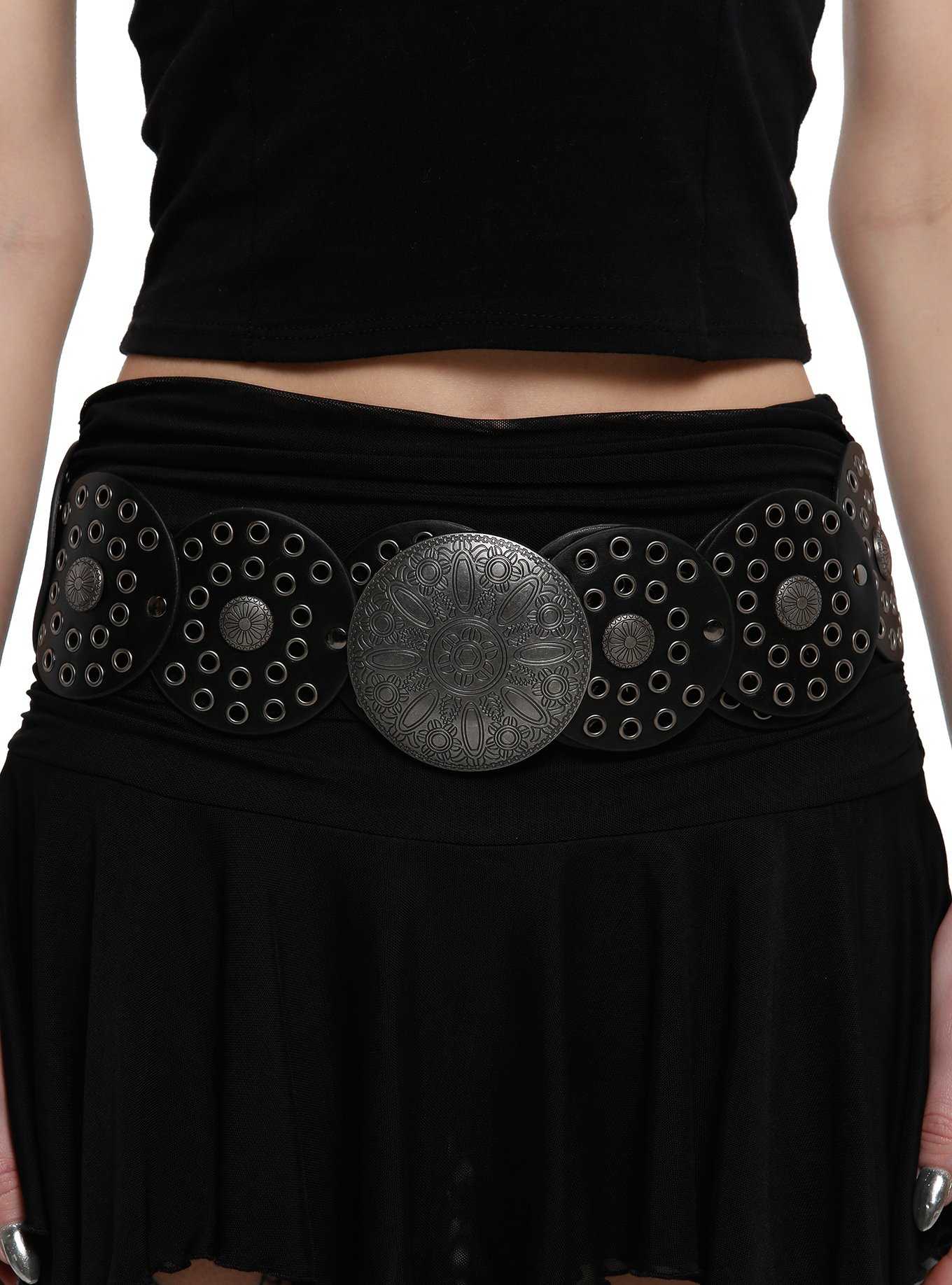 Black & Silver Circle Grommet Hip Belt, , hi-res