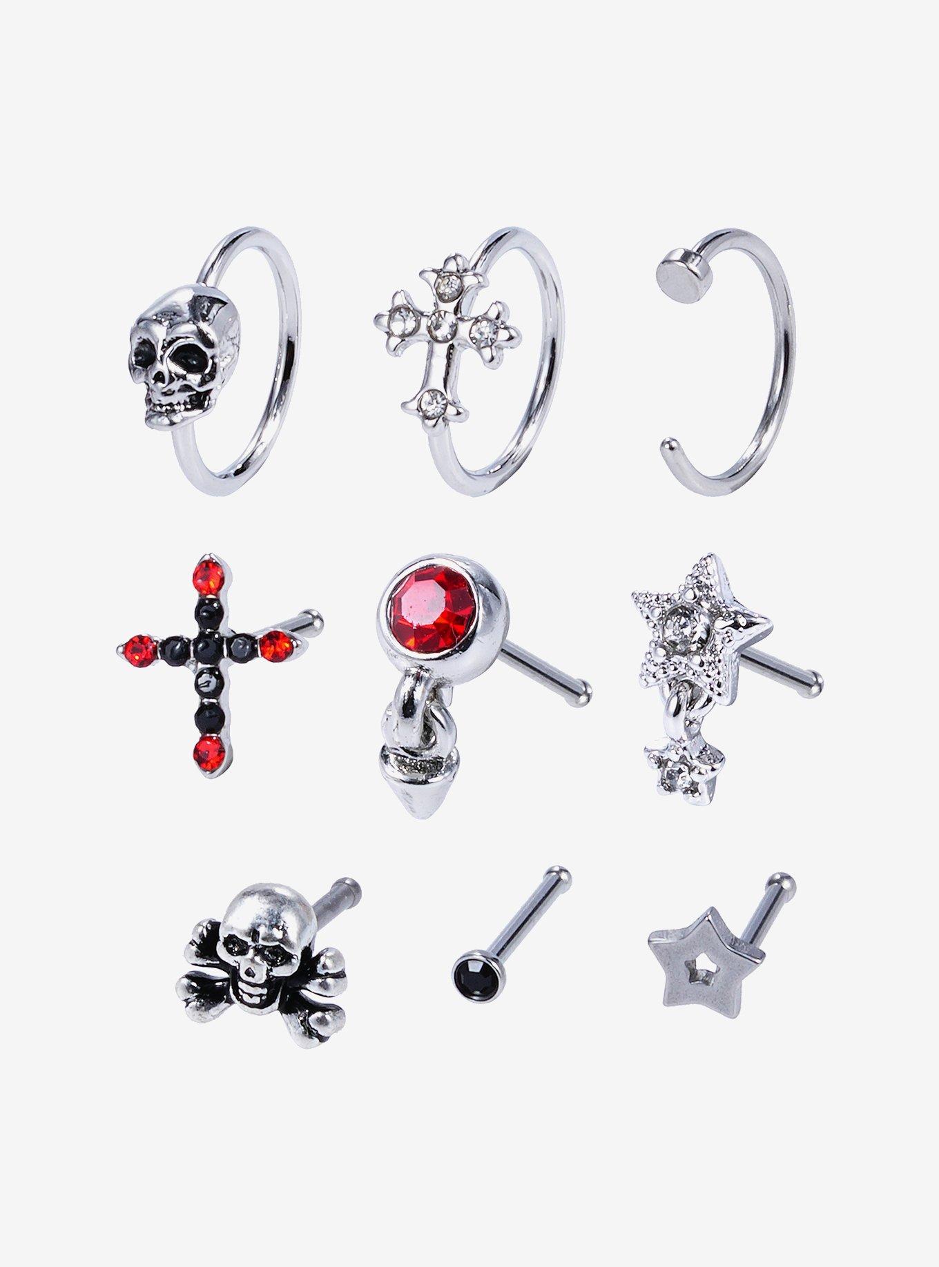 Steel Skull Cross Star Nose Stud & Hoop 9 Pack, , hi-res