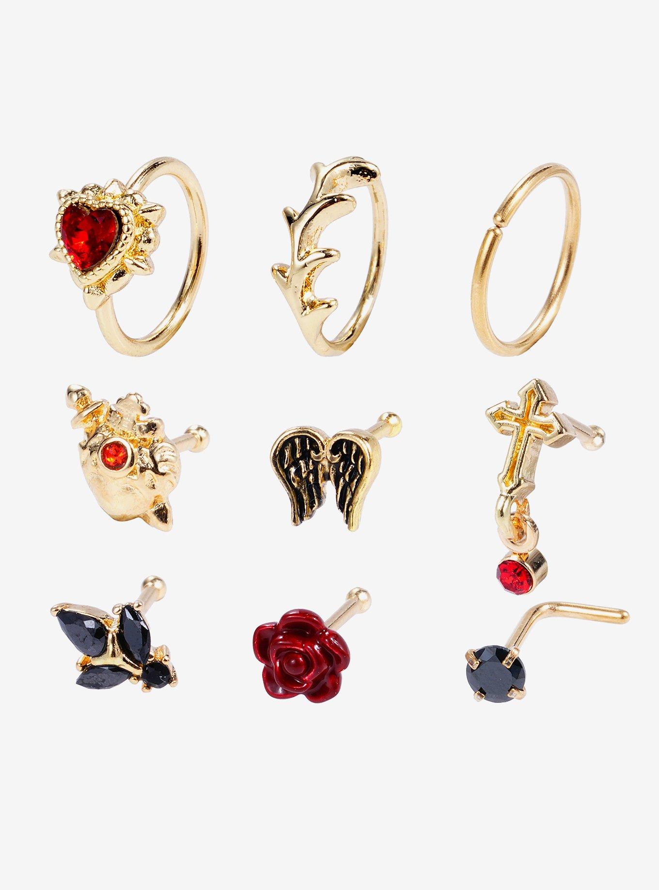 Steel Heart Cross Wing Nose Stud & Hoop 9 Pack, , hi-res