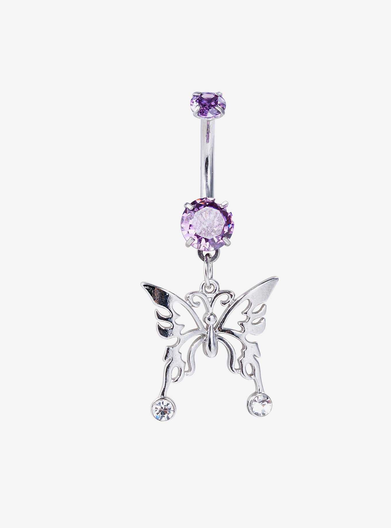 14G Steel Butterfly Gem Navel Barbell, , hi-res