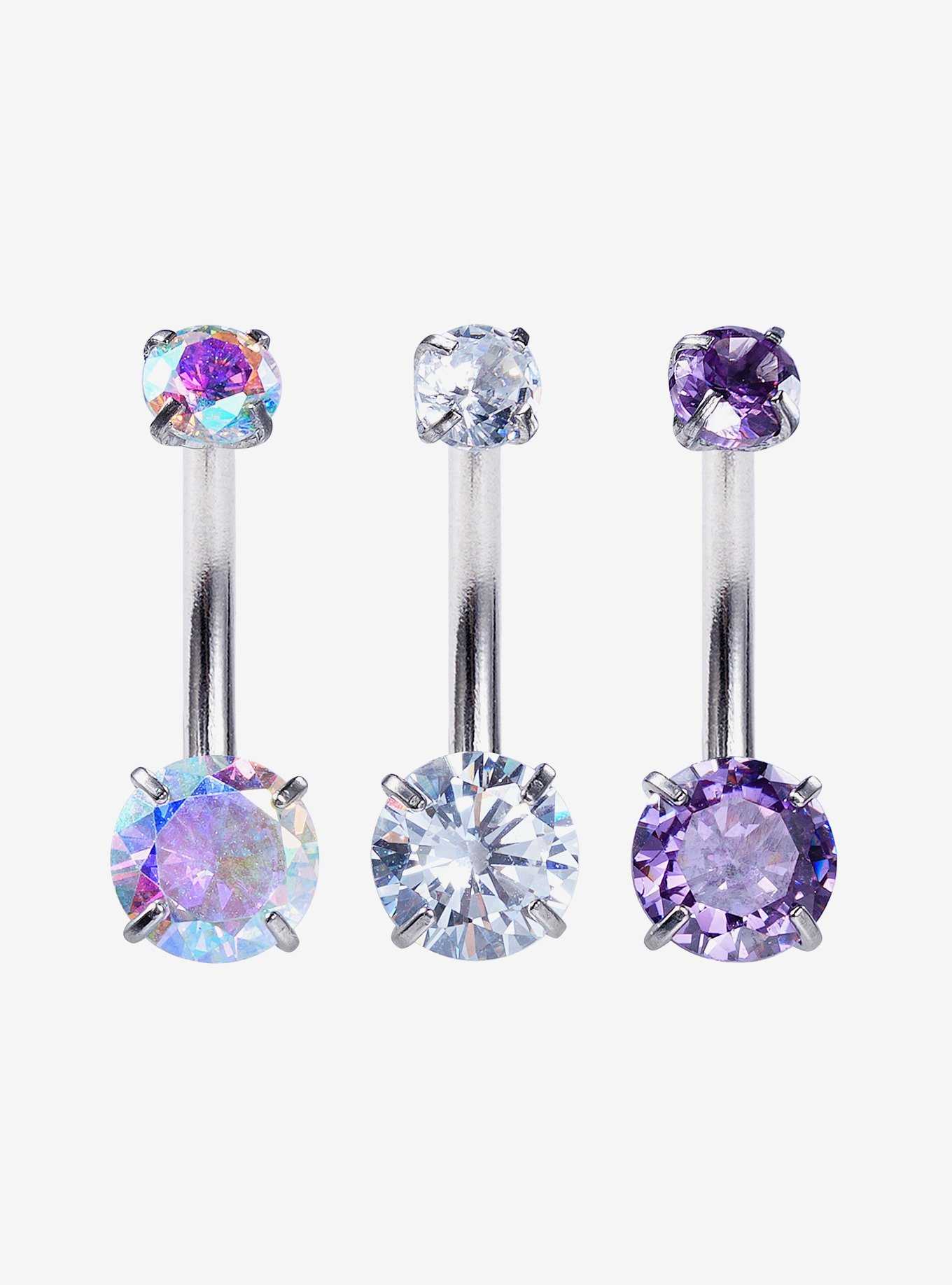 16G Steel Purple Iridescent Gem Navel Barbell 3 Pack, , hi-res