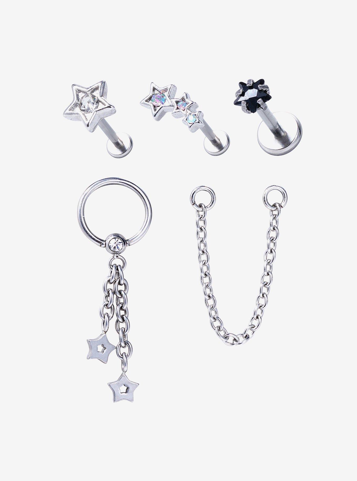 18G Steel Star Labret Stud & Captive Hoop 4 Pack With Chain